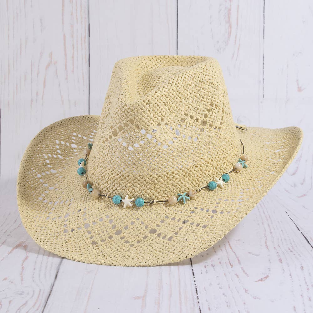 Straw Cowboy Hat With Turquoise Bead Shell Band