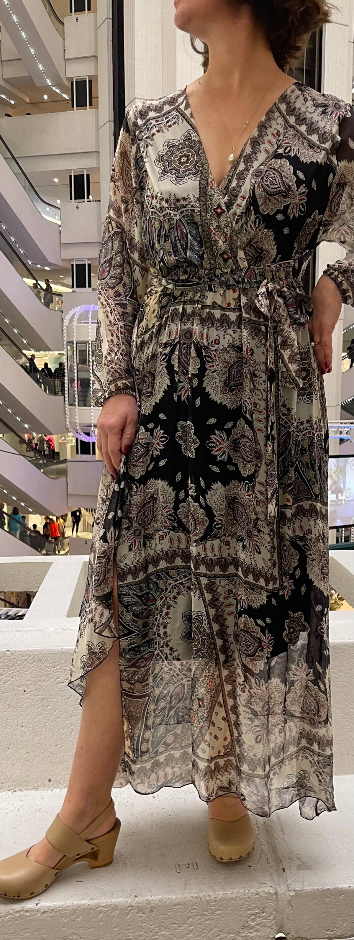 Italian Print Silk Dress with Side Slit and Wrap Around Tie