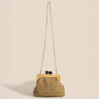 Geometric Clasp Wooden Frame Braided Clutch Bag