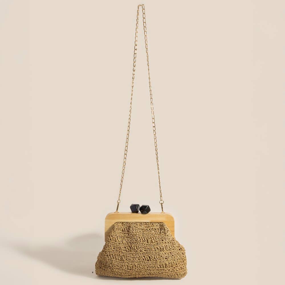 Geometric Clasp Wooden Frame Braided Clutch Bag
