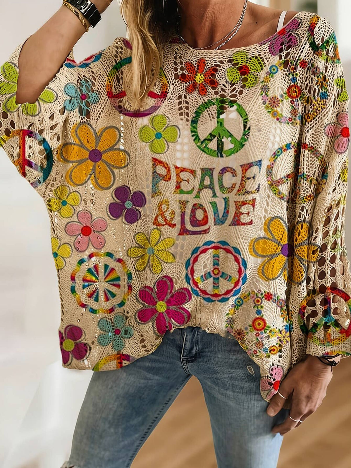 Ethnic Colored Peace&Love Print Batwing Sleeve Knit Top