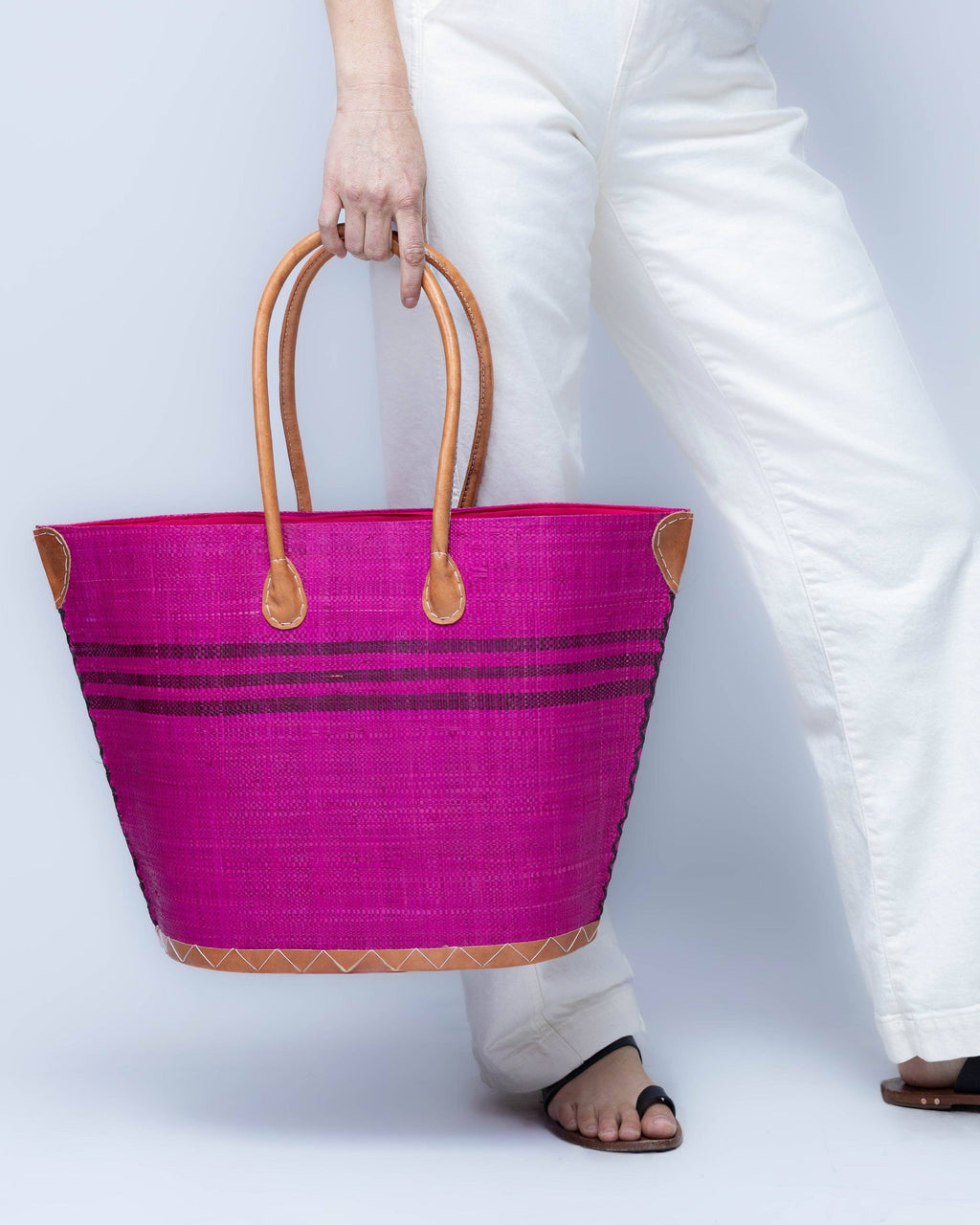 Marina Racing Stripe Small Raffia Straw Tote Bag