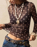 Polka Dot Sheer Mesh Slim Fit Long Sleeve Top