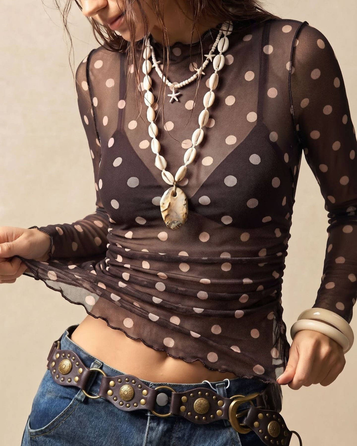 Polka Dot Sheer Mesh Slim Fit Long Sleeve Top