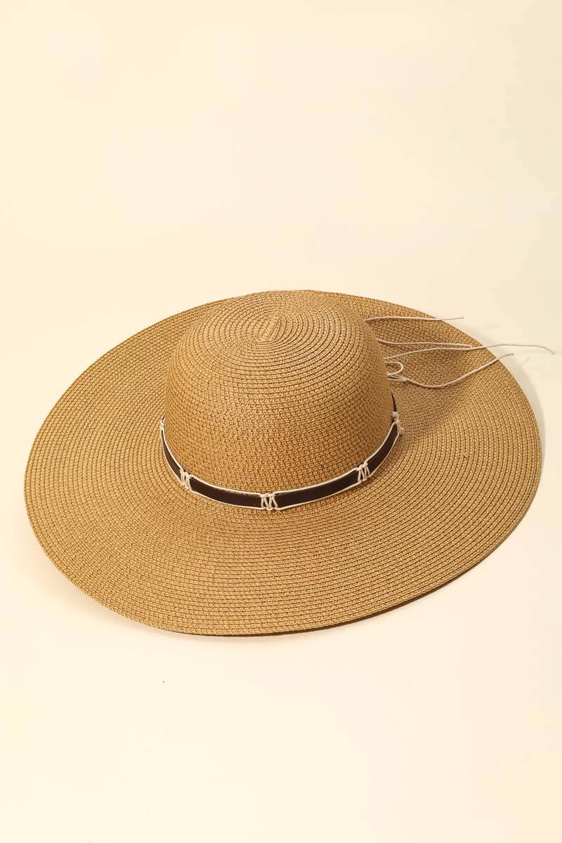 Wide Brim Straw Sun Hat With Cord Hat Band