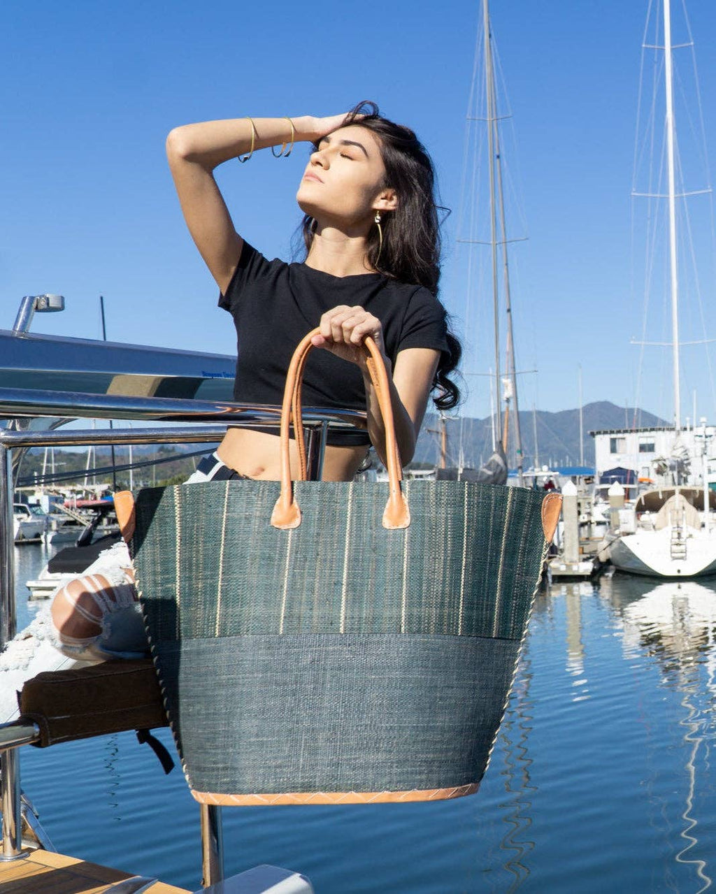 Santa Cruz Two Tone Pinstripes Large Raffia Straw Tote Bag