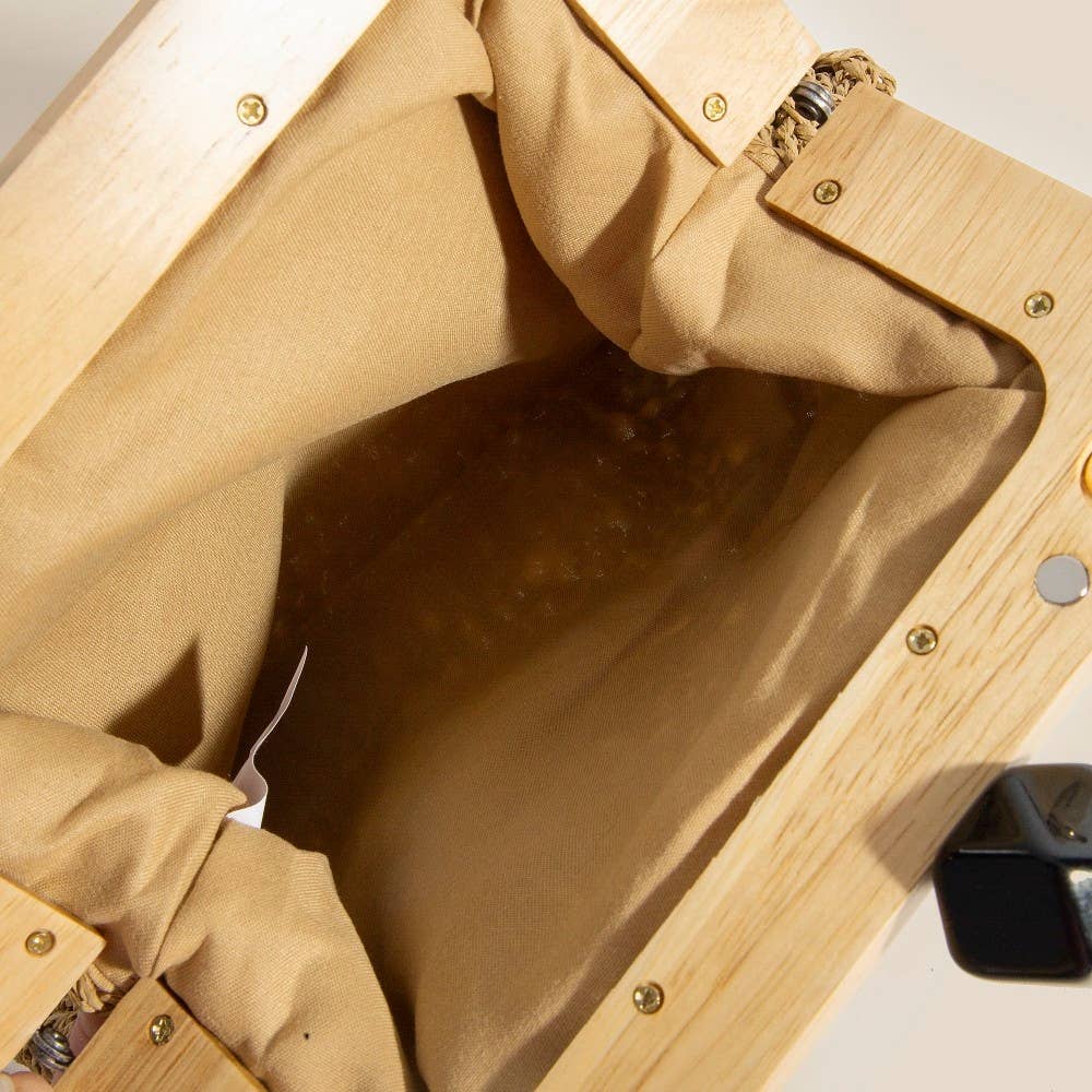 Geometric Clasp Wooden Frame Braided Clutch Bag