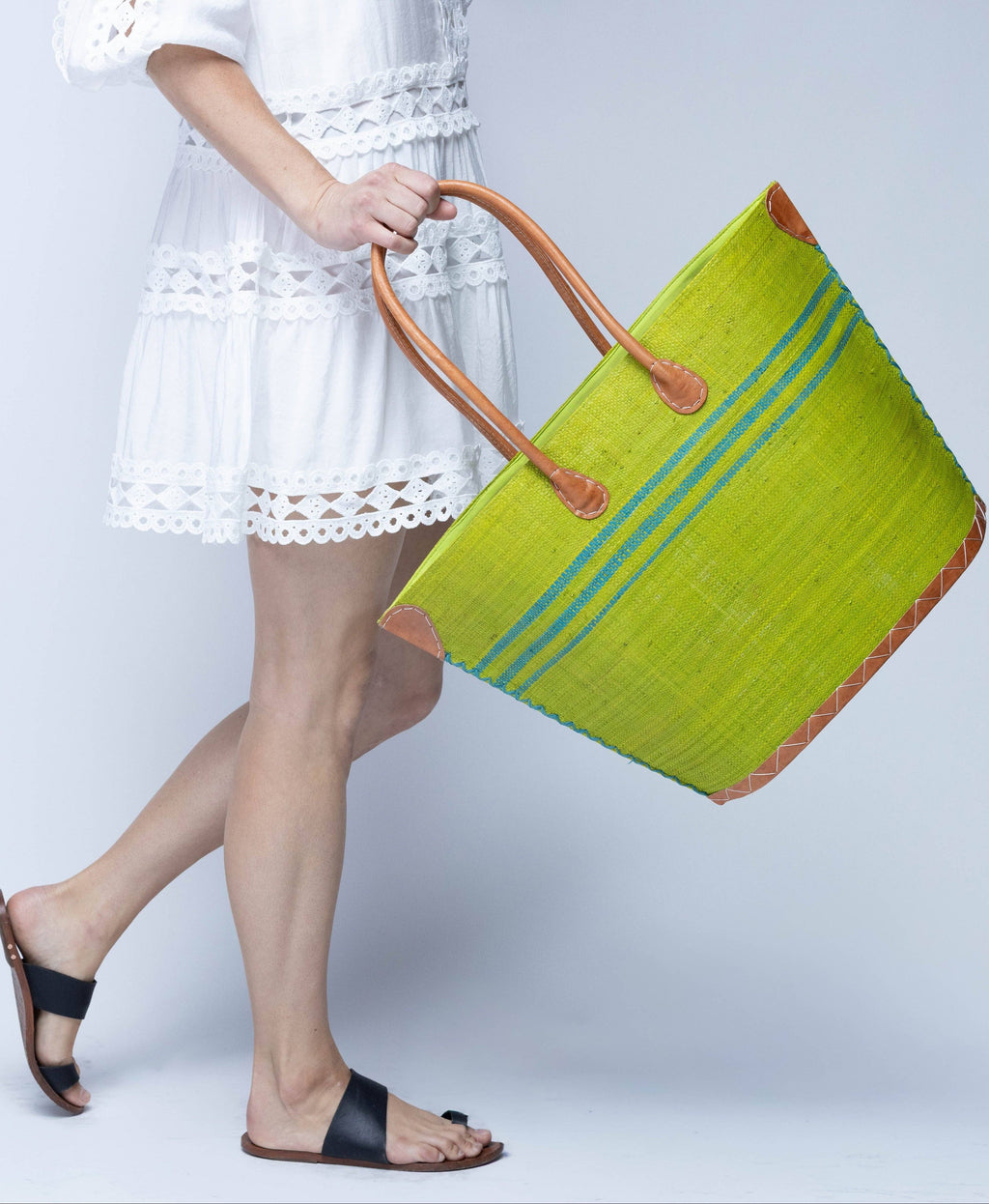 Marina Racing Stripe Small Raffia Straw Tote Bag