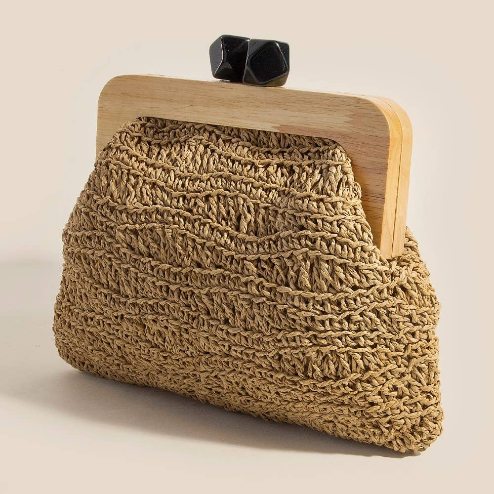 Geometric Clasp Wooden Frame Braided Clutch Bag