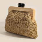 Geometric Clasp Wooden Frame Braided Clutch Bag