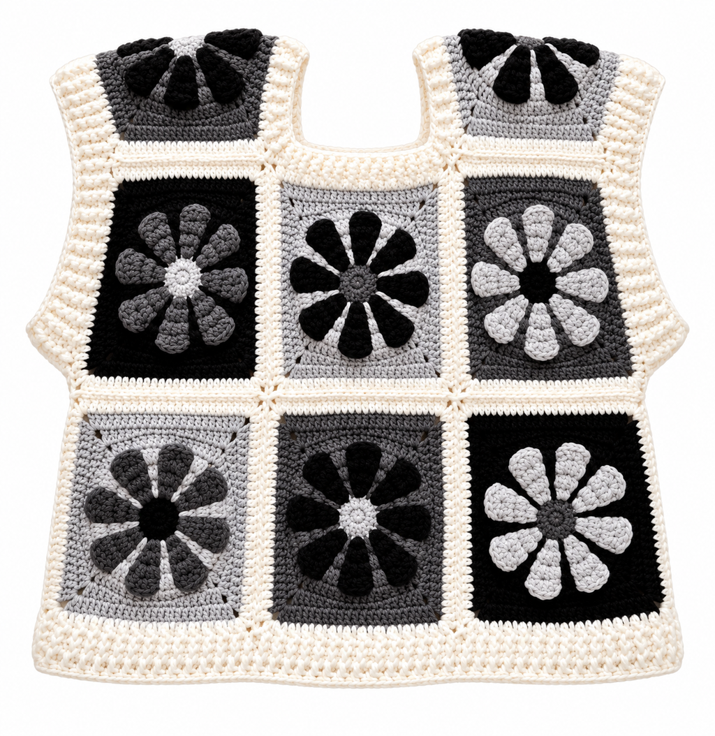 Handmade Black - White - Gray Granny Square Floral Crochet Top