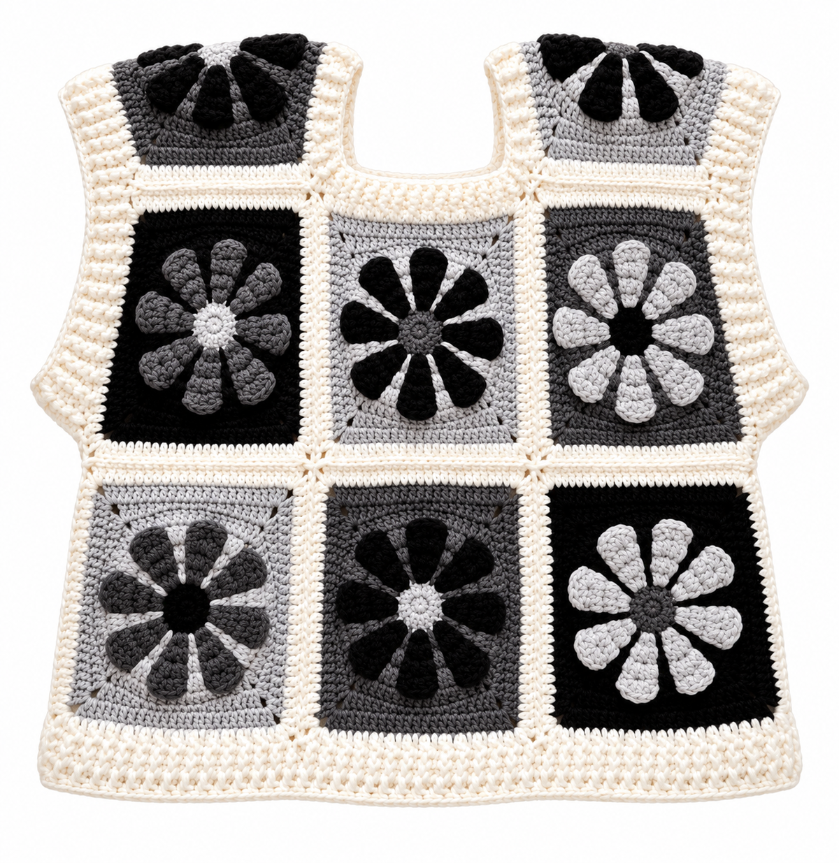 Handmade Black - White - Gray Granny Square Floral Crochet Top