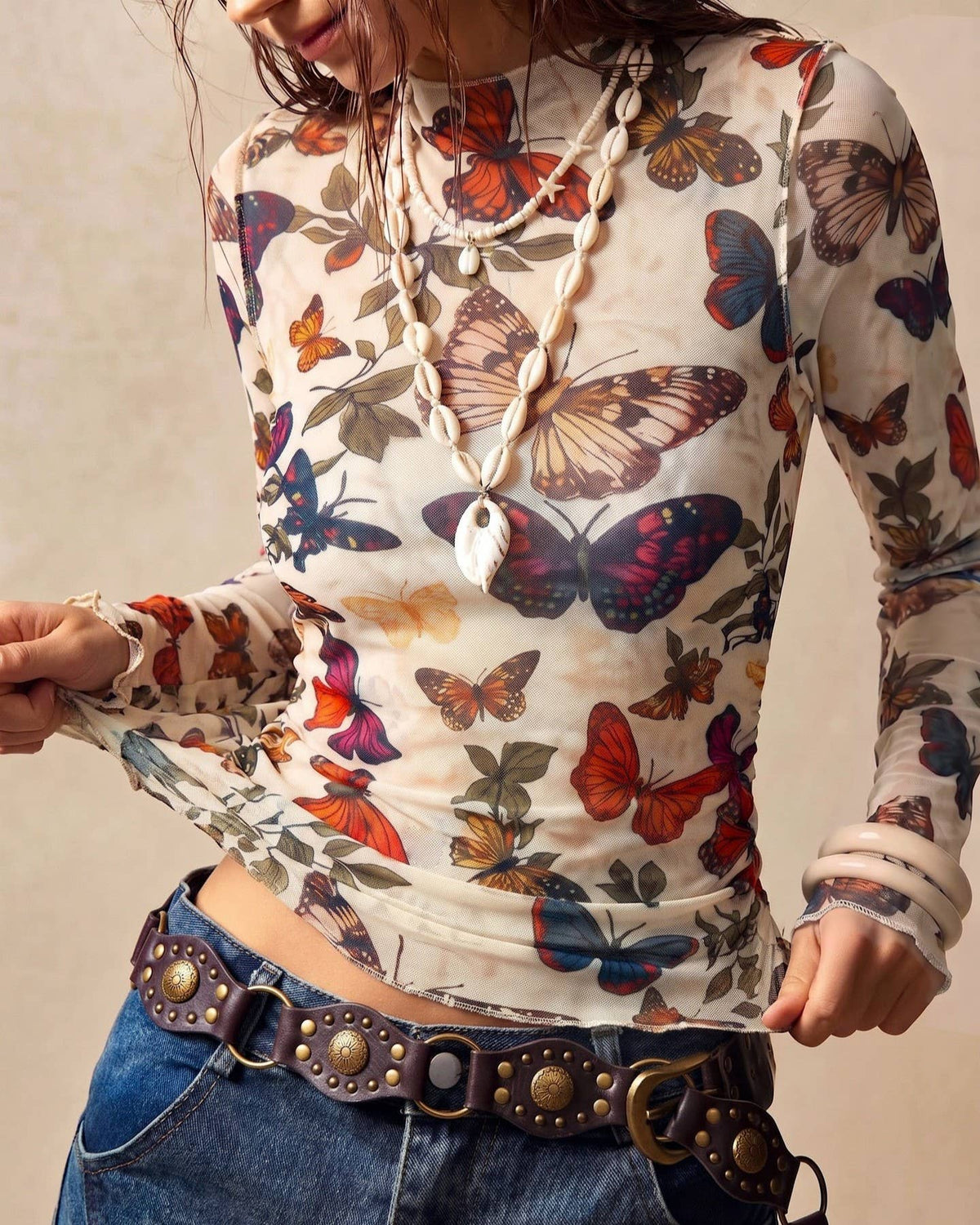 Vintage Butterfly Print Sheer Mesh Slim Fit Top