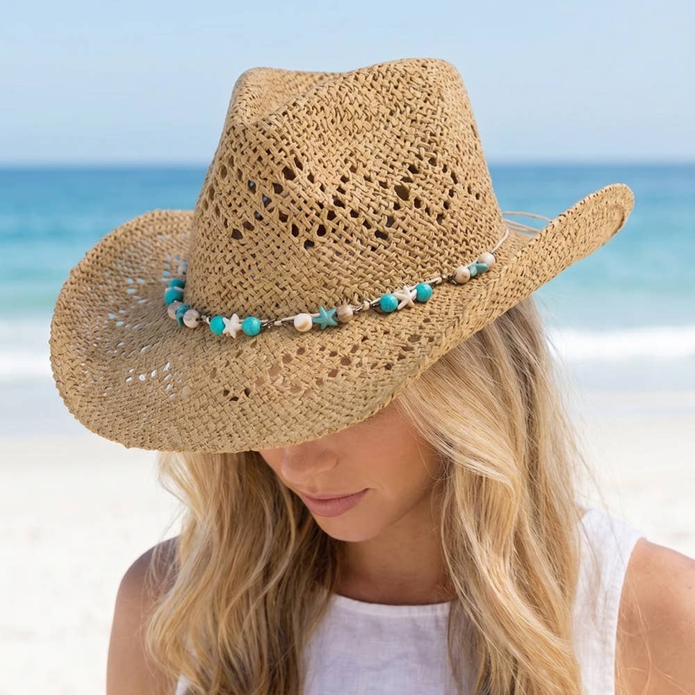 Straw Cowboy Hat With Turquoise Bead Shell Band