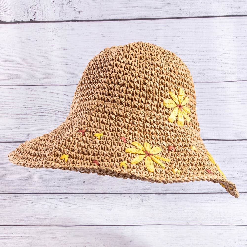 Wide Brim Raffia Daisy Crochet Straw Hat