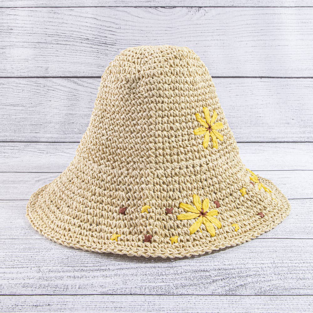 Wide Brim Raffia Daisy Crochet Straw Hat
