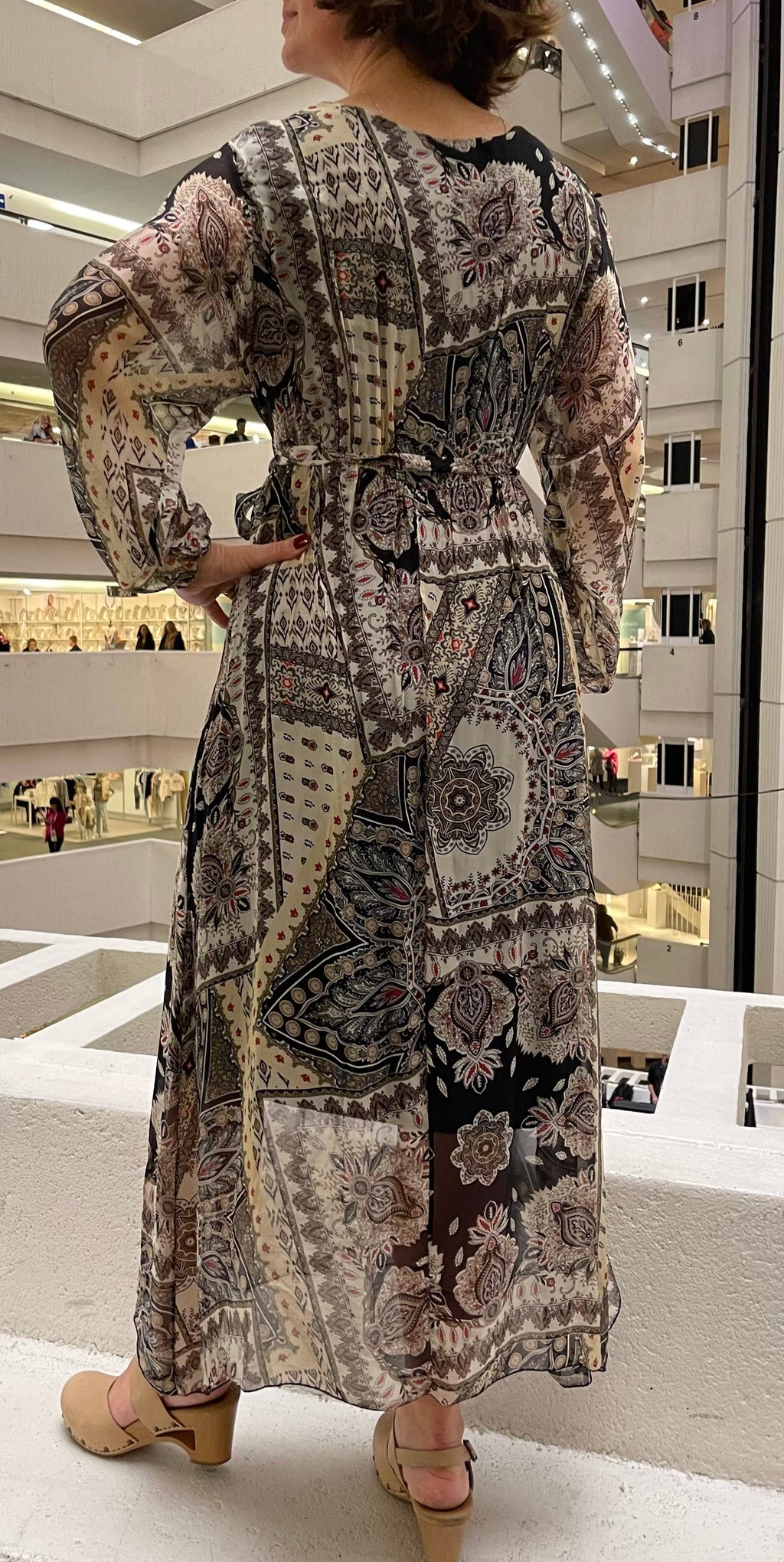 Italian Print Silk Dress with Side Slit and Wrap Around Tie