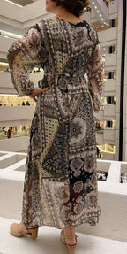 Italian Print Silk Dress with Side Slit and Wrap Around Tie