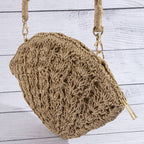 Pearl Beaded Straw Crochet Crossbody Bag
