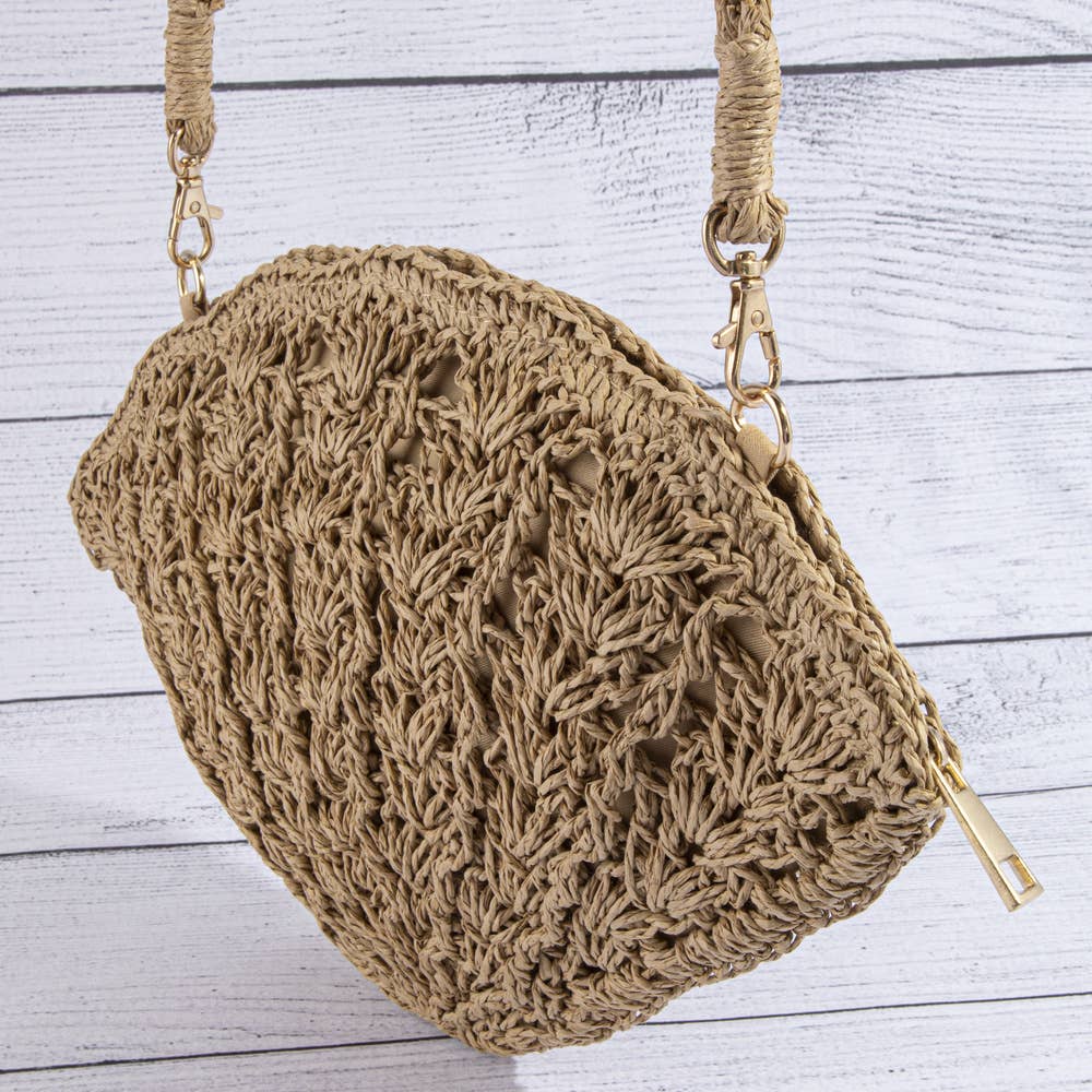 Pearl Beaded Straw Crochet Crossbody Bag