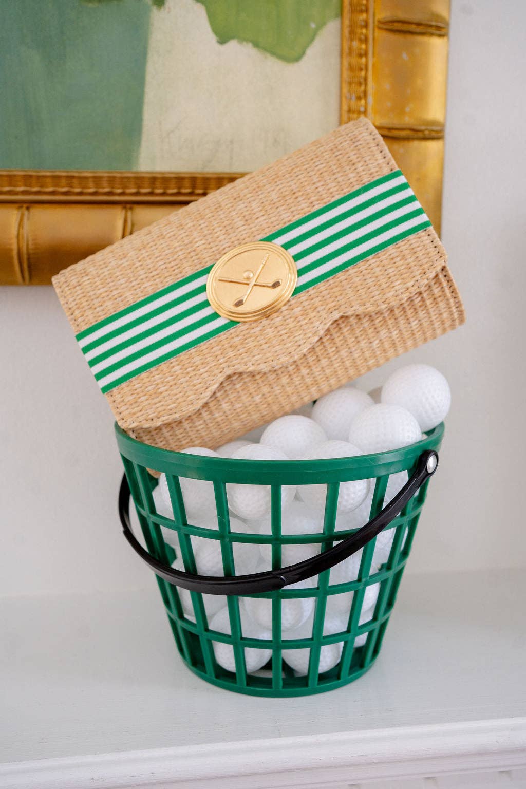 Straw Scalloped Ruby - Green Candy Band- Gold Oval with Golf Clubs- WS