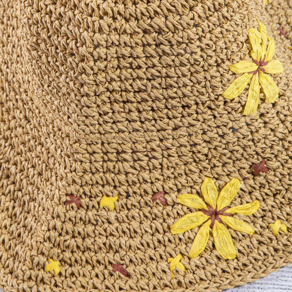 Wide Brim Raffia Daisy Crochet Straw Hat