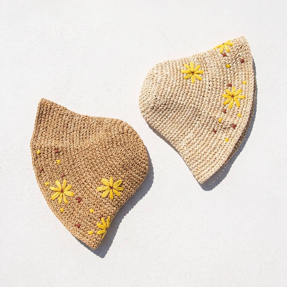 Wide Brim Raffia Daisy Crochet Straw Hat
