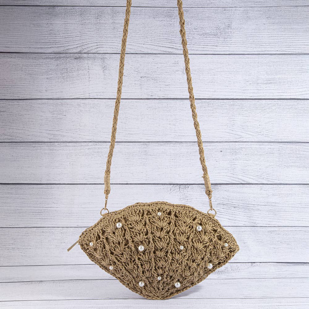Pearl Beaded Straw Crochet Crossbody Bag