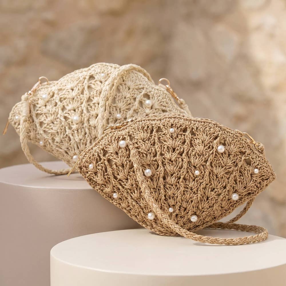 Pearl Beaded Straw Crochet Crossbody Bag