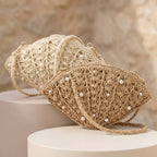 Pearl Beaded Straw Crochet Crossbody Bag