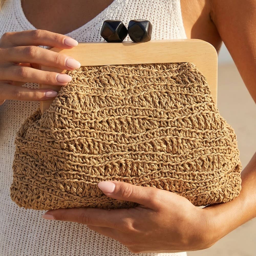 Geometric Clasp Wooden Frame Braided Clutch Bag