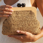 Geometric Clasp Wooden Frame Braided Clutch Bag