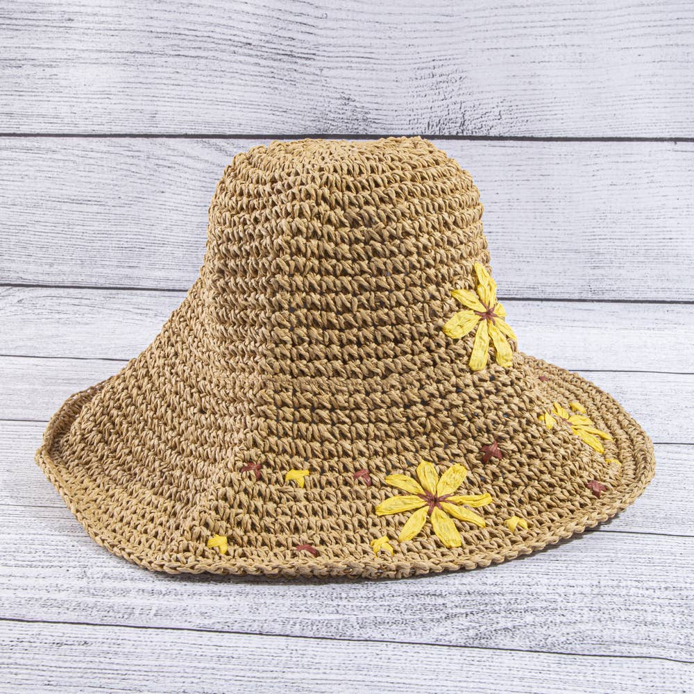 Wide Brim Raffia Daisy Crochet Straw Hat
