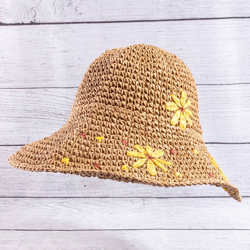 Wide Brim Raffia Daisy Crochet Straw Hat