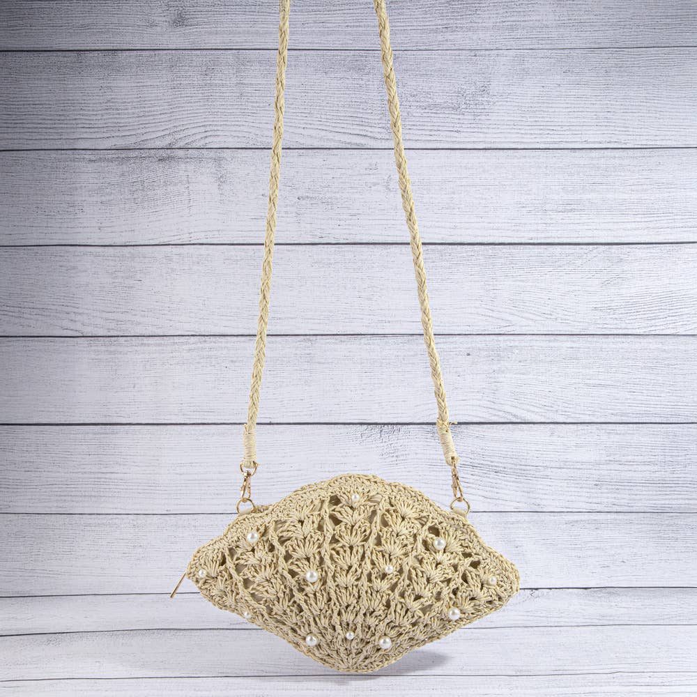 Pearl Beaded Straw Crochet Crossbody Bag