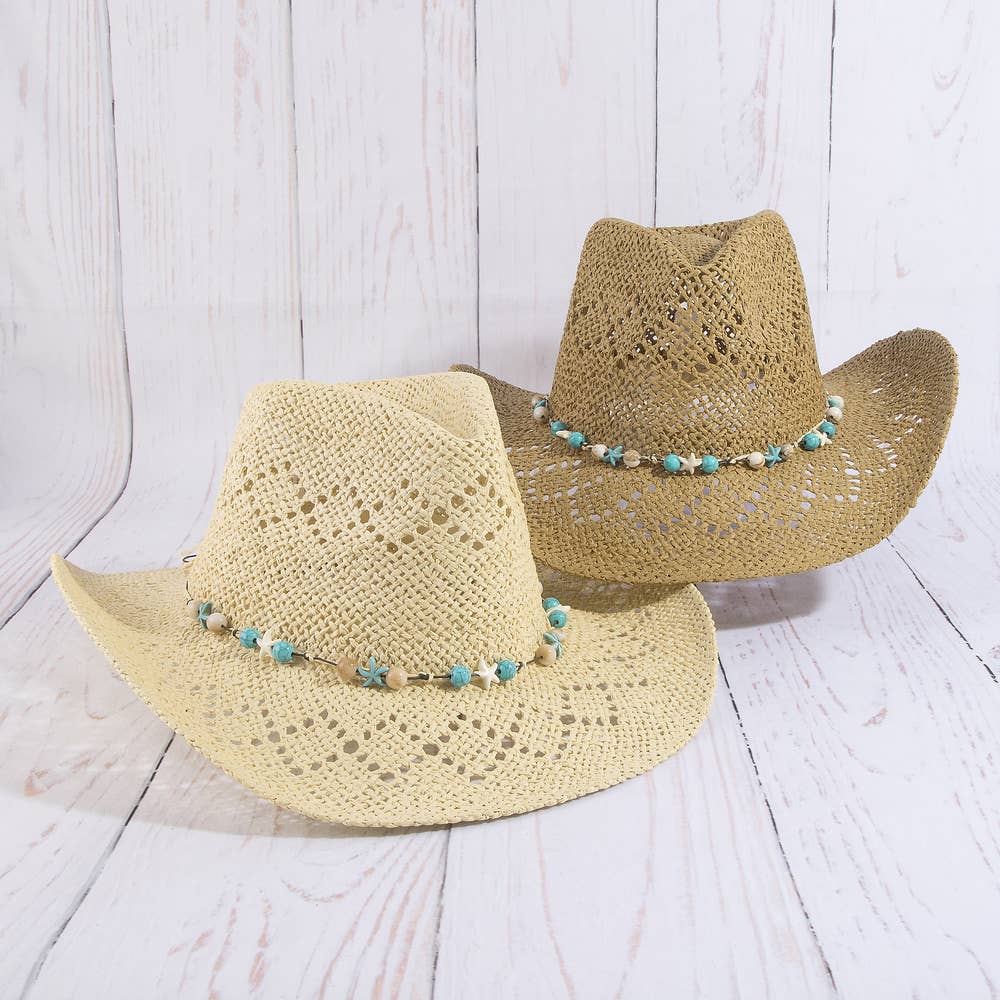 Straw Cowboy Hat With Turquoise Bead Shell Band