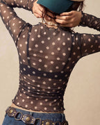 Polka Dot Sheer Mesh Slim Fit Long Sleeve Top