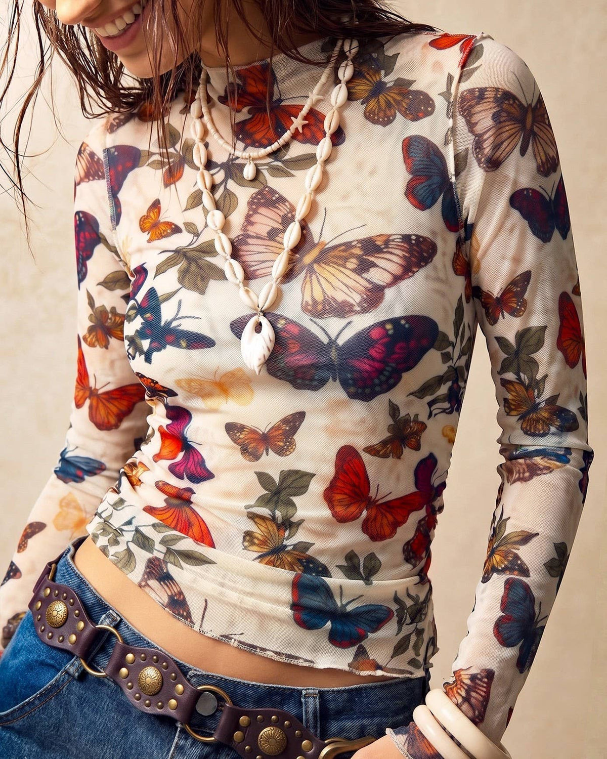 Vintage Butterfly Print Sheer Mesh Slim Fit Top