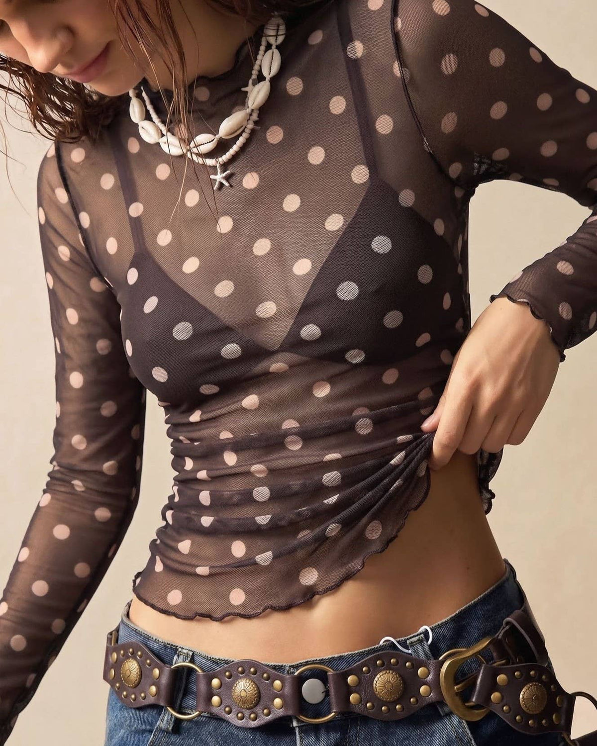 Polka Dot Sheer Mesh Slim Fit Long Sleeve Top