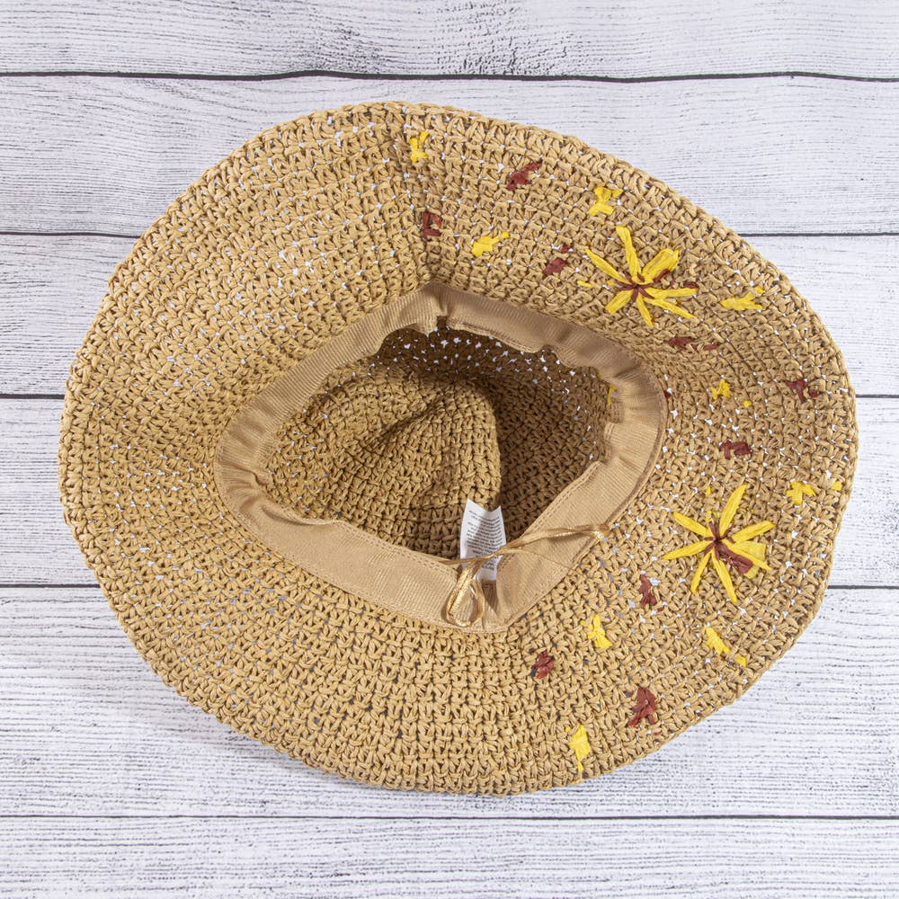 Wide Brim Raffia Daisy Crochet Straw Hat