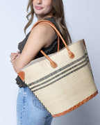 Marina Racing Stripe Small Raffia Straw Tote Bag
