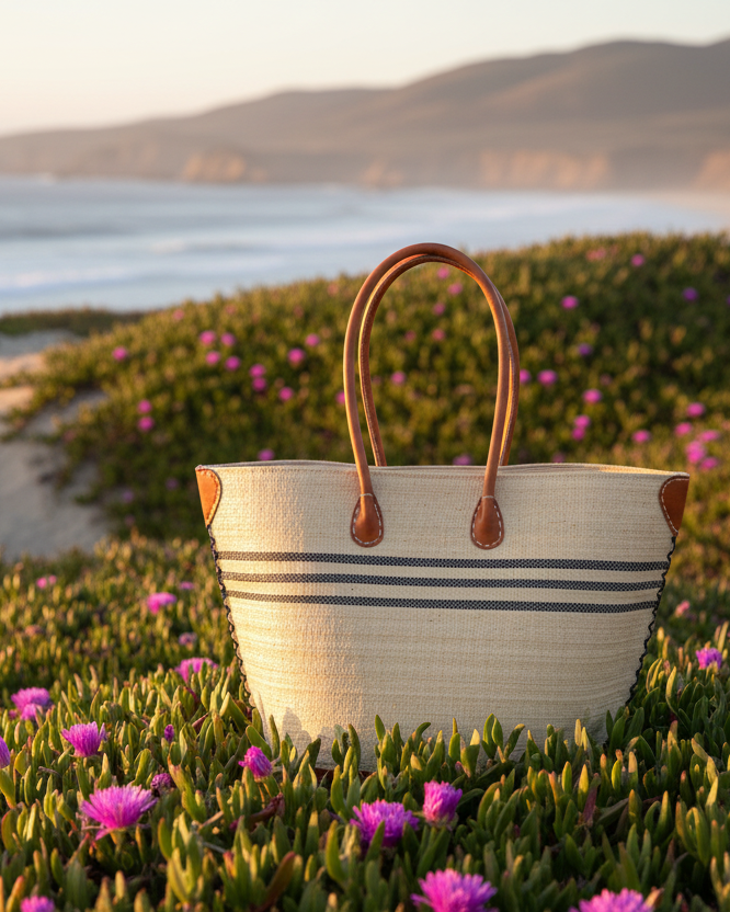 Marina Racing Stripe Small Raffia Straw Tote Bag