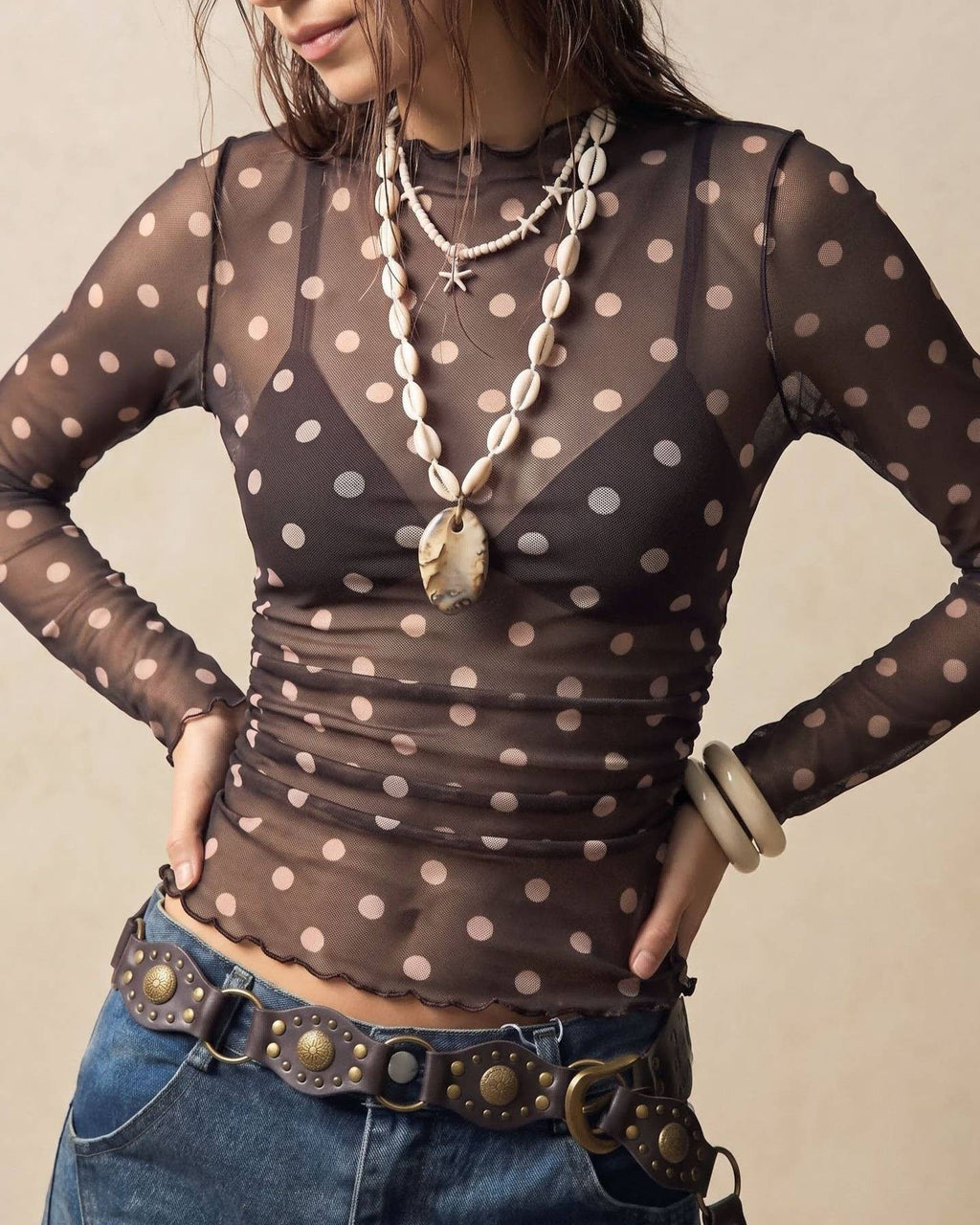 Polka Dot Sheer Mesh Slim Fit Long Sleeve Top
