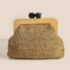 Geometric Clasp Wooden Frame Braided Clutch Bag