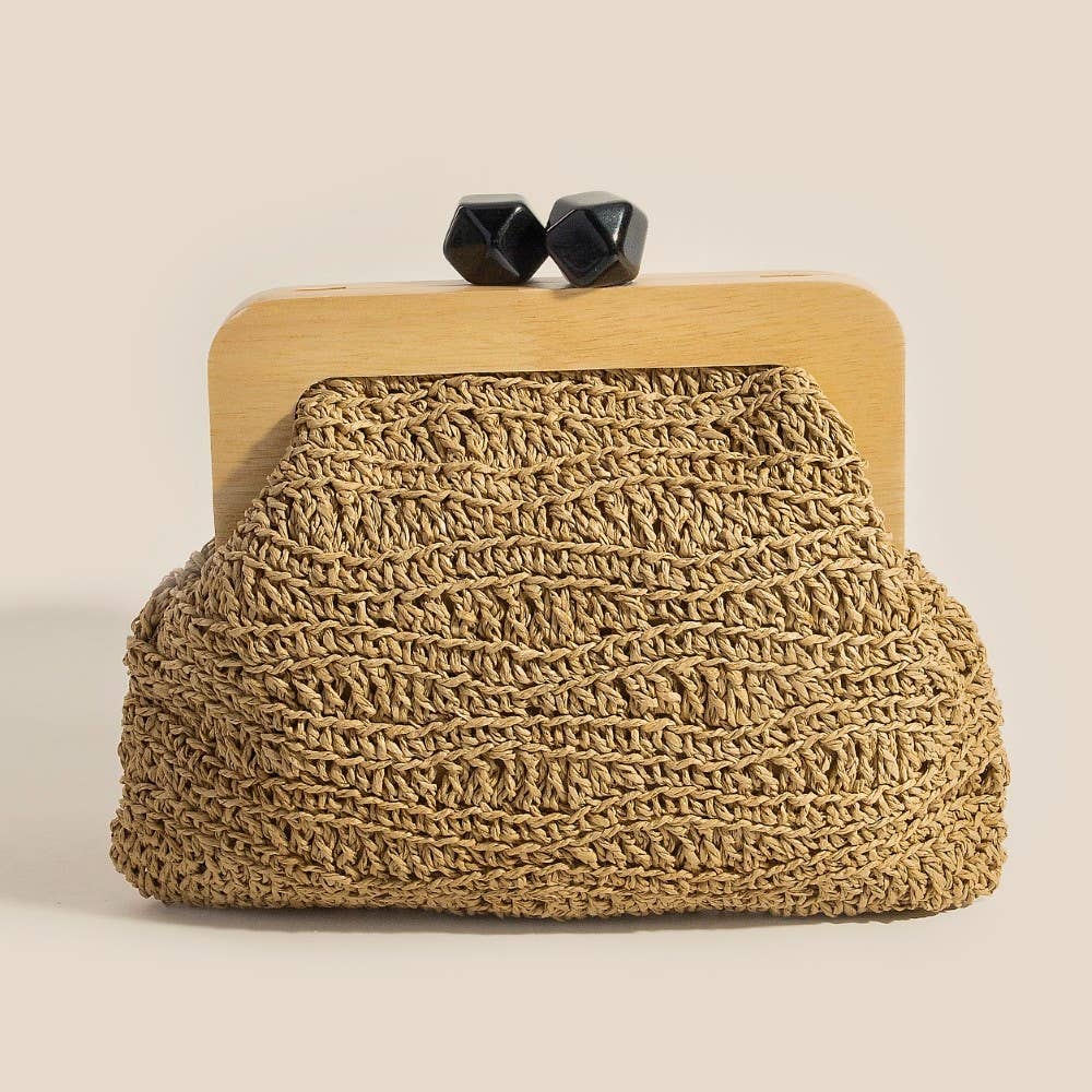Geometric Clasp Wooden Frame Braided Clutch Bag