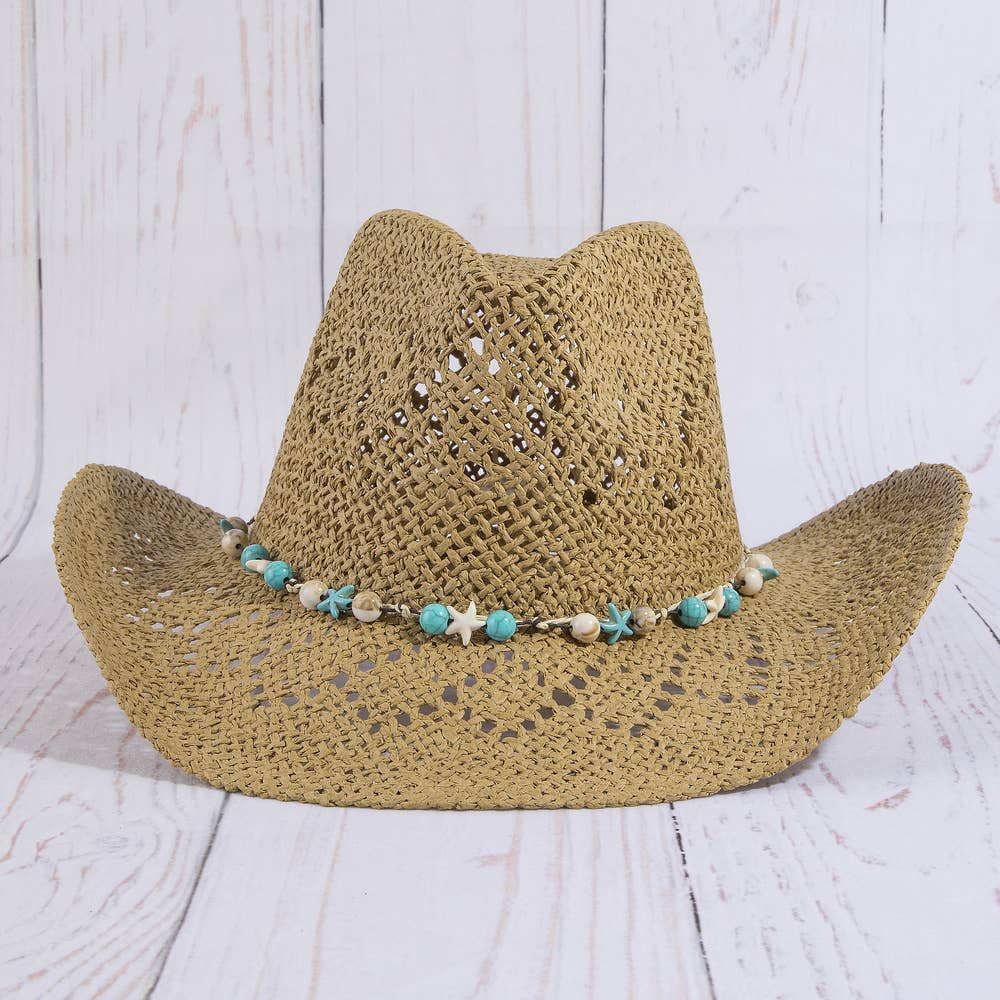 Straw Cowboy Hat With Turquoise Bead Shell Band