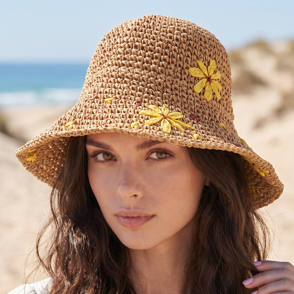 Wide Brim Raffia Daisy Crochet Straw Hat