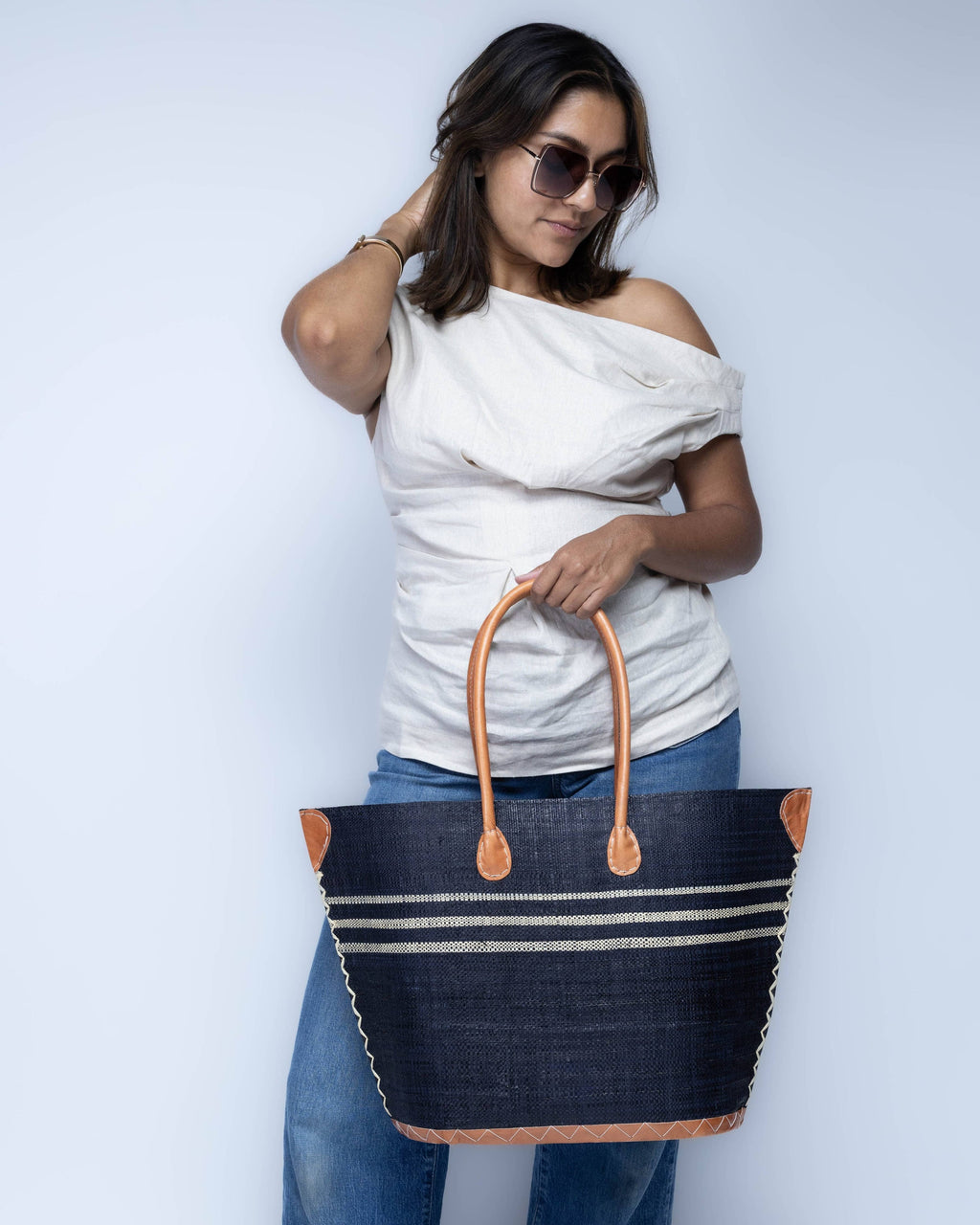Marina Racing Stripe Small Raffia Straw Tote Bag